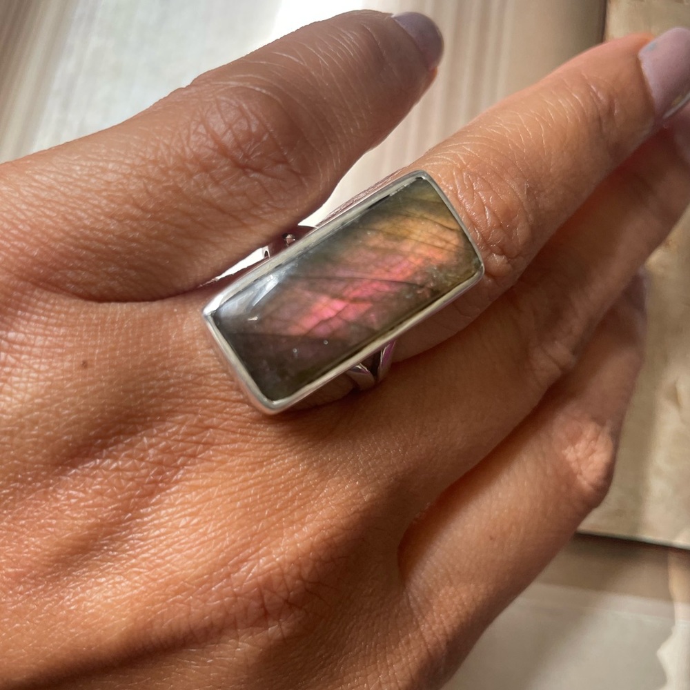 “BOHO” 925 Sterling Silver Natural Labradorite Ring | adjustable Ring - Picture 3 of 16